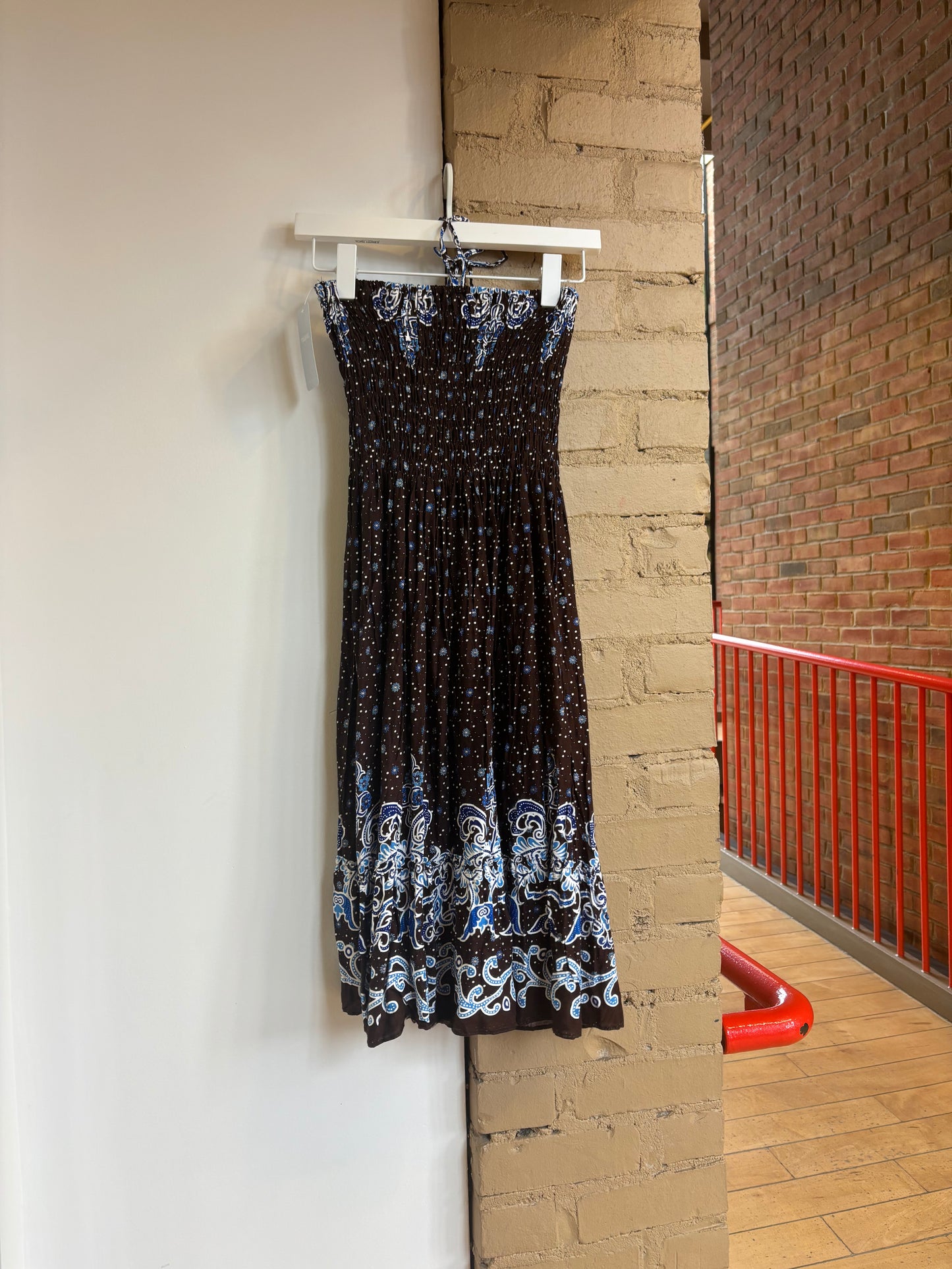 Booth 20 Brown Dress With Blue & White Floral Pattern, Shirred Top (XXS-M)