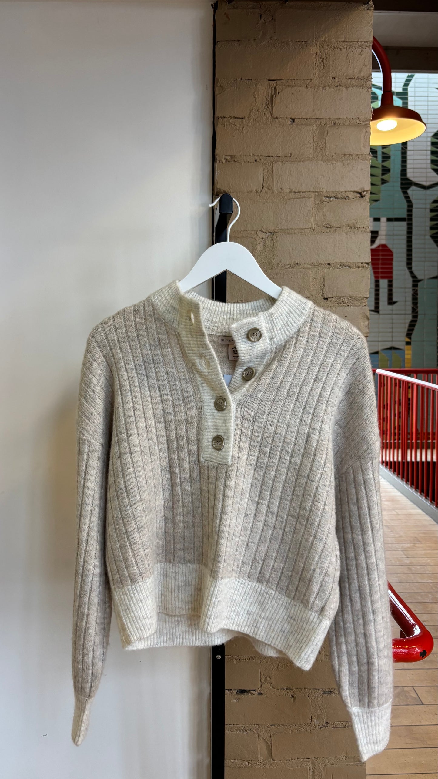 Booth 18 Sincerely Jules Cream/Tan Quarter Button Sweater (M)